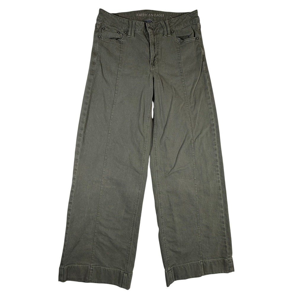 American Eagle Low-Rise Baggy Wide Leg Jeans Olive Green Front Seam Women 4 Reg